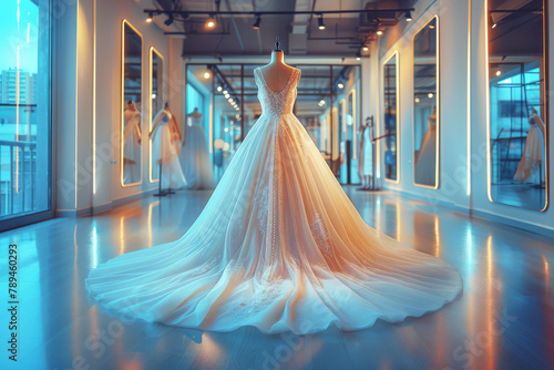 Stunning contemporary bridal dress stands out in a modern showroom, wedding preparation and planning