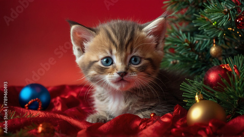Cute kitten on a red background with a New Year tree, New Year balls