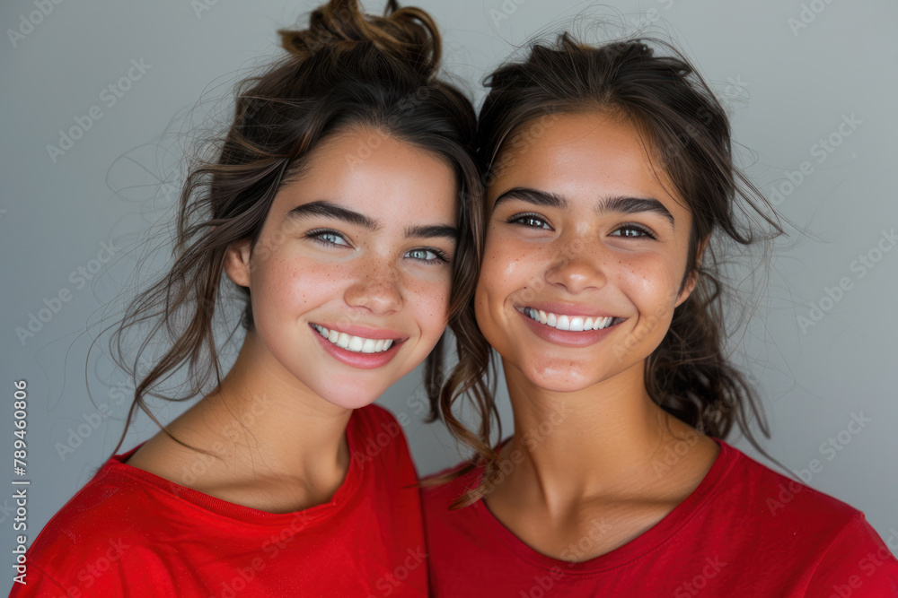 Hispanic women wearing red t-shirt smile isolated on gray background Hispanic women wearing red t-shirt smile isolated on gray background