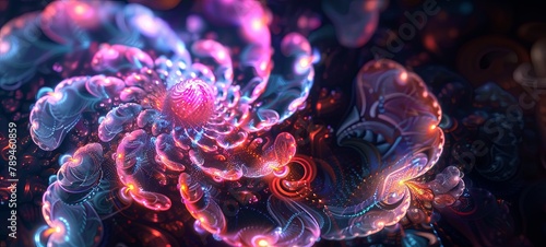 Abstract fractal patterns and shapes. Dynamic flowing natural forms. Flowers and spirals. Mysterious psychedelic relaxation pattern. generative ai © Alexander Odessa 