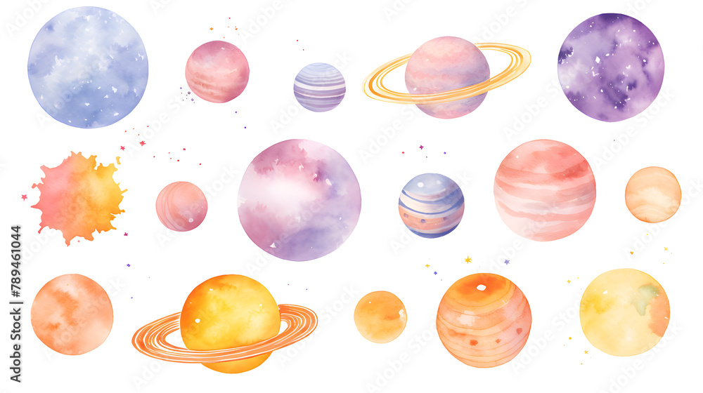 Hand drawn colorful watercolor space set of planet isolated of white background