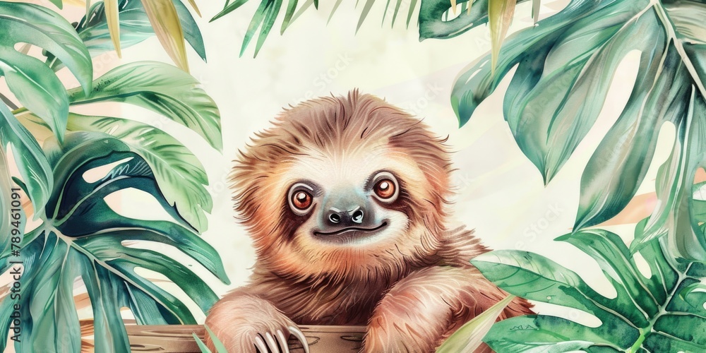 Obraz premium A watercolor painting of a sloth in the jungle, perfect for nature lovers and wildlife enthusiasts