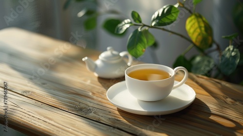 A simple image of a cup of tea on a wooden table. Suitable for various projects