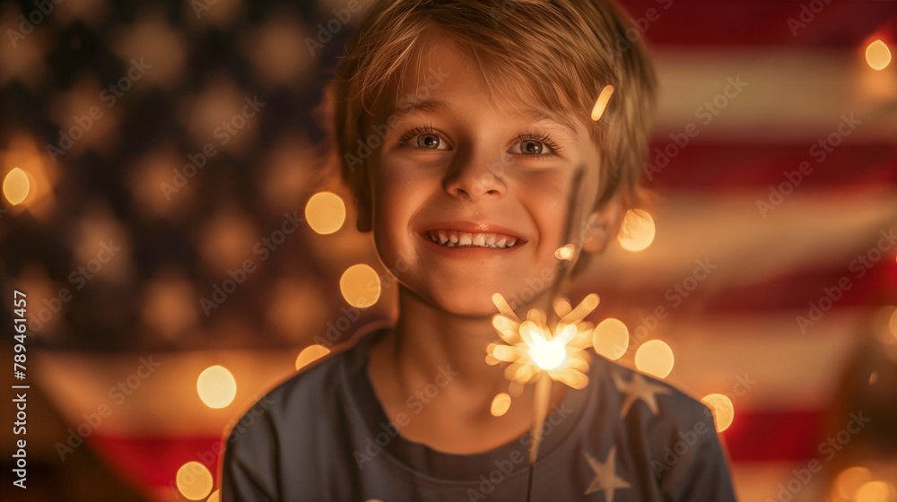 Close-up Cinematic Photo of a Smiling Boy Holding a Sparkler with American Flag Backdrop. Close-up Cinematic Photo of a Smiling Boy Holding a Sparkler with American Flag Backdrop.