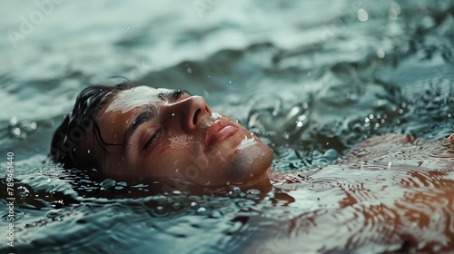 Portrait of a man lying on his back in a pool in the rain