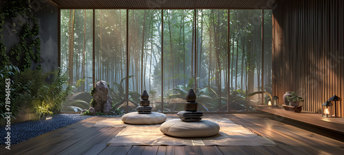  a Serene Yoga Retreat with Floor to Ceiling Windows and Zen Garden A modern meditation room Peaceful yoga session underway in a spacious well equipped fitness club . photo