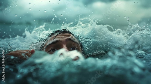 Portrait of a man drowning in the sea. Shallow depth of field