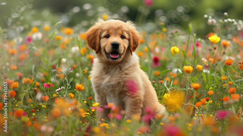 Golden Retriever puppy seated in a field of summer flowers