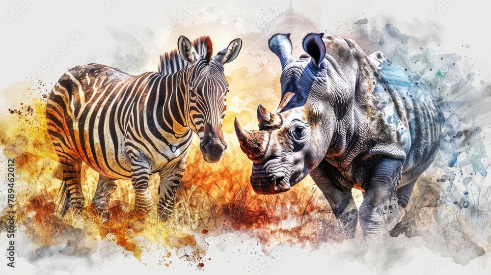 Obraz premium A group of zebras and a rhino in a natural field setting. Ideal for wildlife and nature concepts