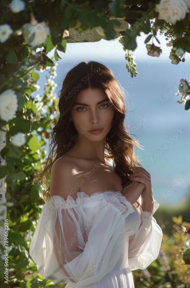 A romantic and classic wedding dress with long sleeves, off-the-shoulder neckline, fitted waist silhouette A romantic and classic wedding dress with long sleeves, off-the-shoulder neckline, fitted waist silhouette