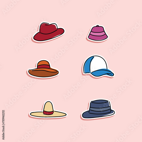 Collection of stylish men s and women s headwear of various types - hats, caps, kepi isolated on pink background. Bundle of fashion accessories. Colorful vector illustration in sticker cartoon style.