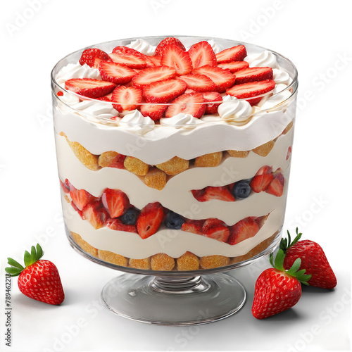 Strawberry trifle layered lady fingers and cream macerated berries tumbling Food and Culinary concept
