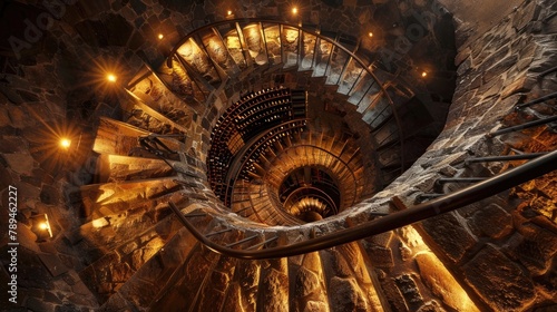 Staircase spiraling down into an underground wine cellar