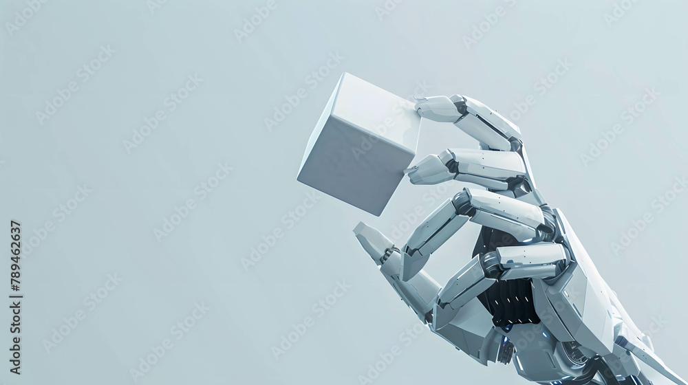 Fototapeta premium Hand of robotic holding cube represent a larger amount of data and more modern technology