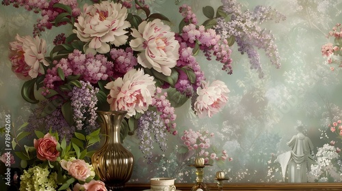 Vintage Floral Wallpaper Blooms with Timeless Elegance: Peonies and Lilacs in Full Display
