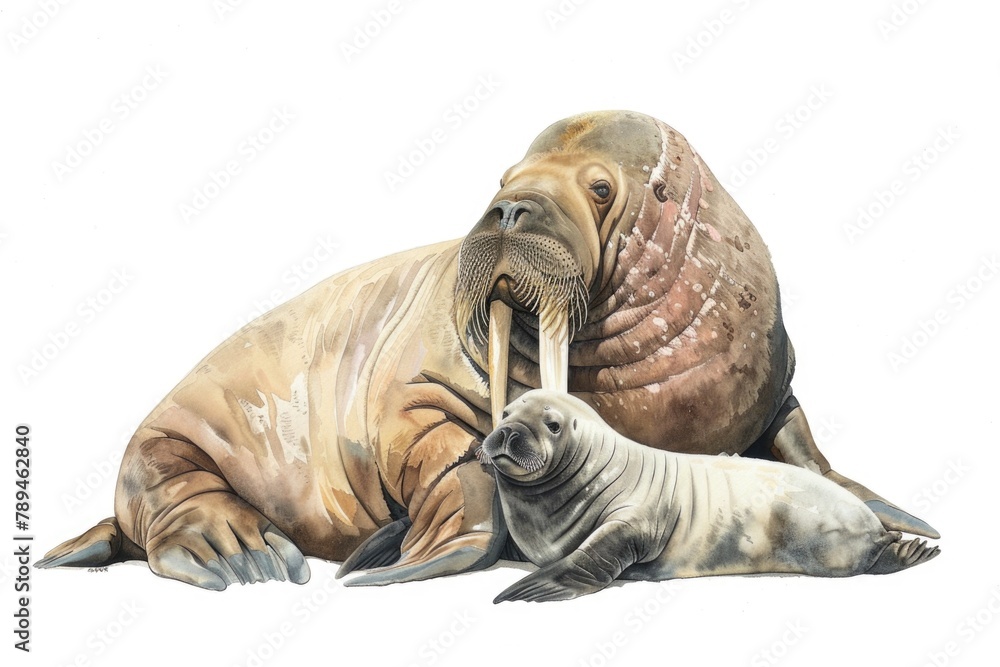 A beautiful painting of a walrus and a baby seal. Perfect for wildlife enthusiasts and animal lovers A beautiful painting of a walrus and a baby seal. Perfect for wildlife enthusiasts and animal lovers