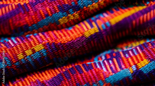 Close-up of woven fabric with intricate patterns and vibrant colors