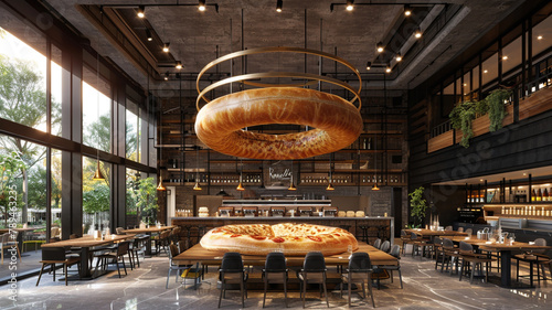 coffee shop interior with a large pizza hanging from the ceiling generativa IA