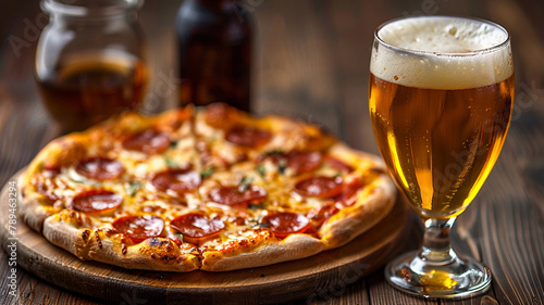 Pizza with salami and cheese on a wooden table with beer generativa IA