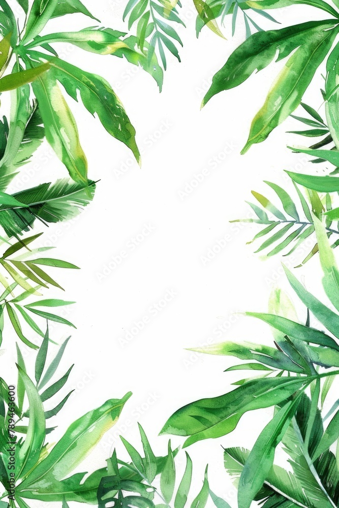 A beautiful watercolor painting of a frame made up of tropical leaves. Perfect for adding a touch of nature to any project