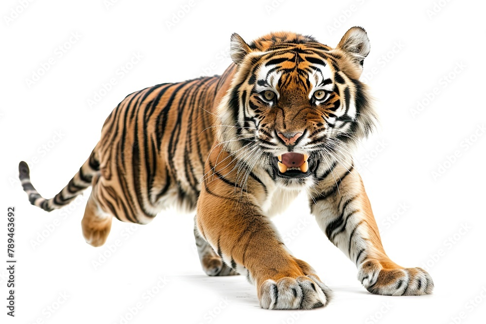 Naklejka premium a tiger pounce with sharp claws and roared isolated on white background 