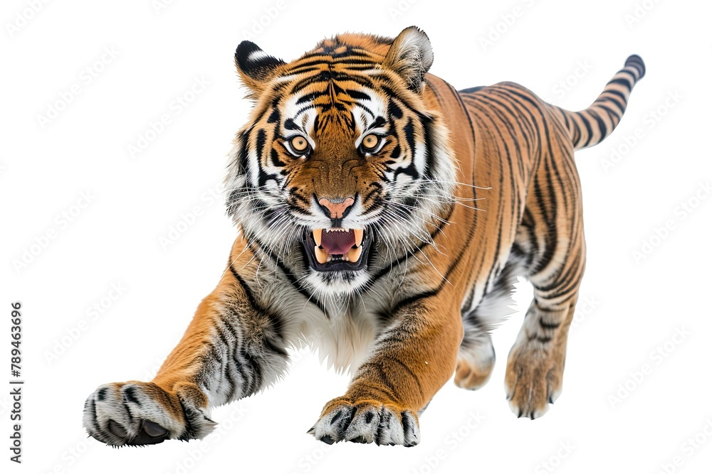 a tiger pounce with sharp claws and roared isolated on white background 