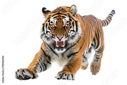 a tiger pounce with sharp claws and roared isolated on white background 