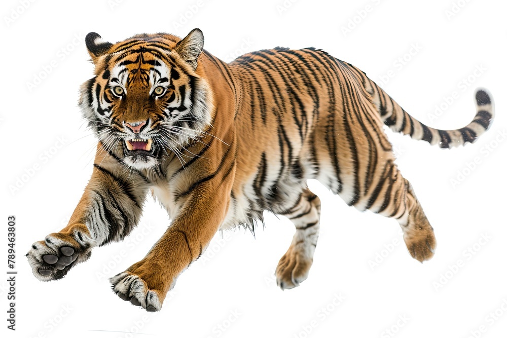 Obraz premium a tiger pounce with sharp claws and roared isolated on white background 