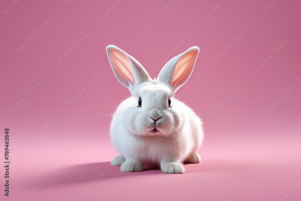 Close-up of a white fluffy rabbit on a pink pastel background. Easter bunny for Easter.