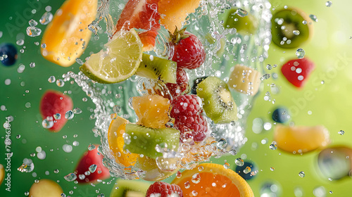 mixed fruit in half isolated on green background