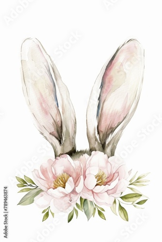 Watercolor painting of bunny ears with delicate flowers  perfect for Easter or nature-themed designs