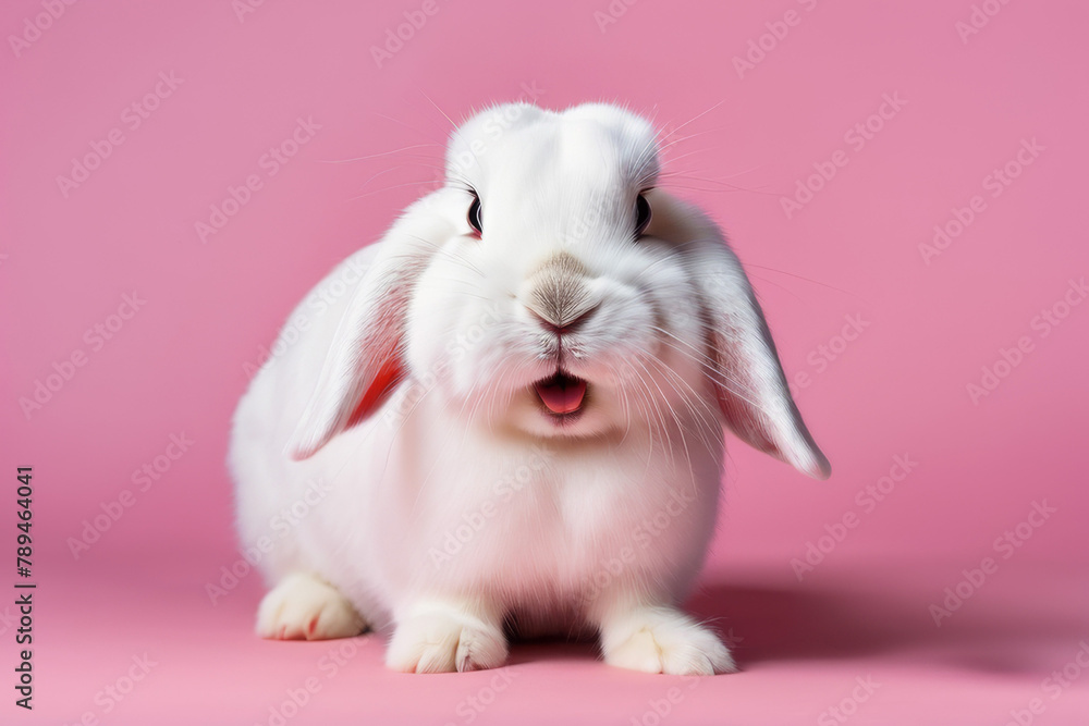 Close-up of a white fluffy rabbit on a pink pastel background. Easter bunny for Easter.