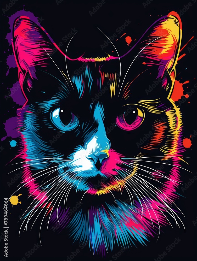 Vibrant Neon Portrait of a Cat on Dark Background.