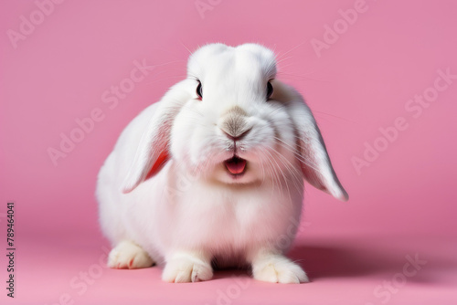 Obraz na płótnie Close-up of a white fluffy rabbit on a pink pastel background. Easter bunny for Easter. w salonie