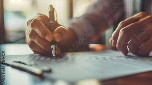 Close-up of hands holding a pen and signing a contract, Concept of agreement, business transactions and legal obligations. photo
