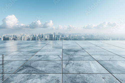 Empty marble floor with city skyline background, panoramic view. The perspective is from the ground looking up at an urban landscape with buildings and clouds in the sky. Created with Ai