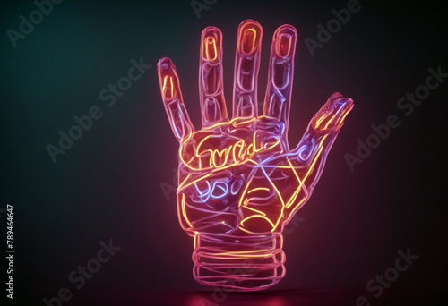 background dark made sign lamps 3d rendering neon Hand rock roll symbol music signs metal heavy finger gesture concert party rocker art design festival arm punk grunge concept