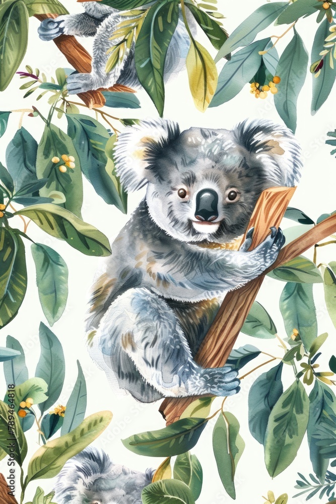 Obraz premium Watercolor painting of a cute koala bear on a tree branch. Perfect for nature lovers and wildlife enthusiasts