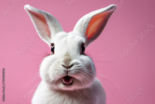 Close-up of a white fluffy rabbit on a pink pastel background. Easter bunny for Easter.