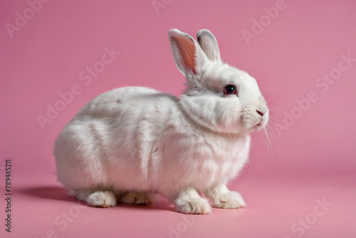 Obraz na płótnie Close-up of a white fluffy rabbit on a pink pastel background. Easter bunny for Easter. w salonie