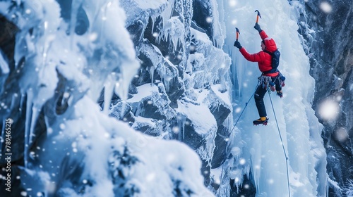 Climber Ascending a Frozen Waterfall. Generative ai photo