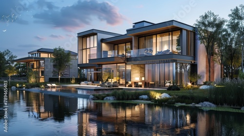 3d rendering of modern house by the river at morning  house  luxury  villa  modern  architecture  building  exterior  residential  property  designer