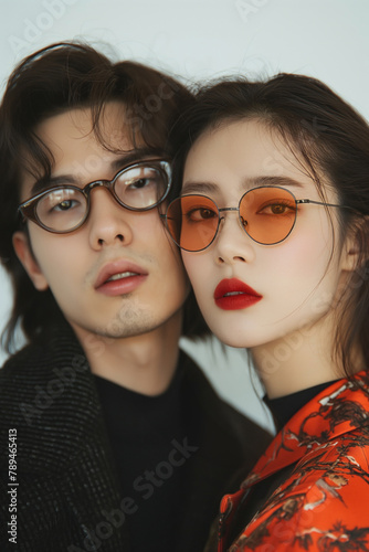 A couple in high fashion poses with captivating style, featuring bold eyewear and striking looks