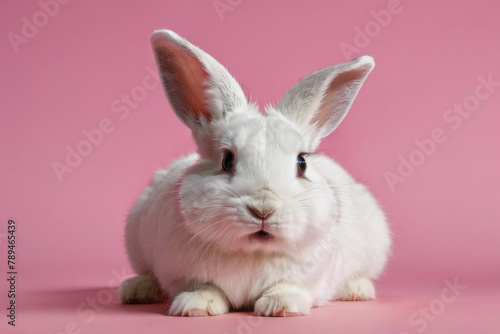 Obraz na płótnie Close-up of a white fluffy rabbit on a pink pastel background. Easter bunny for Easter. w salonie