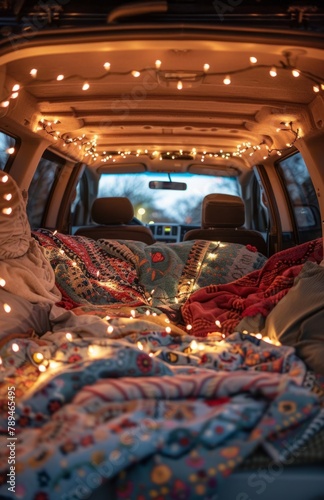 A photo shows the trunk space of an SUV decorated with fairy lights and surrounded by cozy blankets, creating a romantic atmosphere for a date night