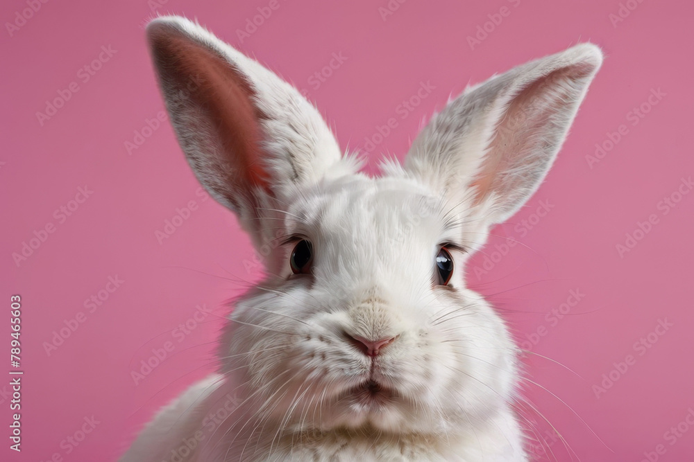 Close-up of a white fluffy rabbit on a pink pastel background. Easter bunny for Easter.