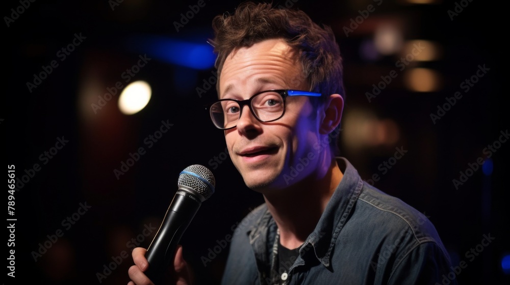 The Comedy Routine, bustling comedy club, a stand-up comedian, and clever punchlines, leave the audience roaring with laughter, Generated AI.