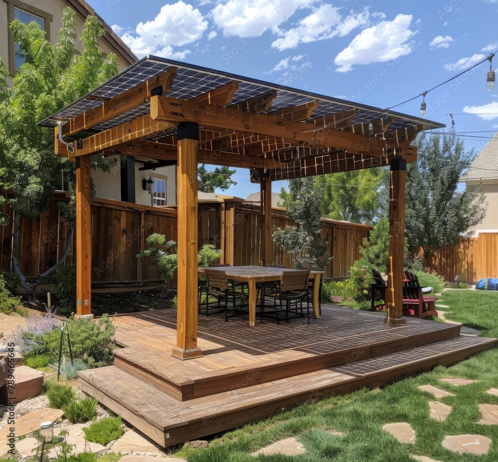 A wooden deck with an attached arbor and roof on the side, patio cover installation, full view of backyard in Colorado