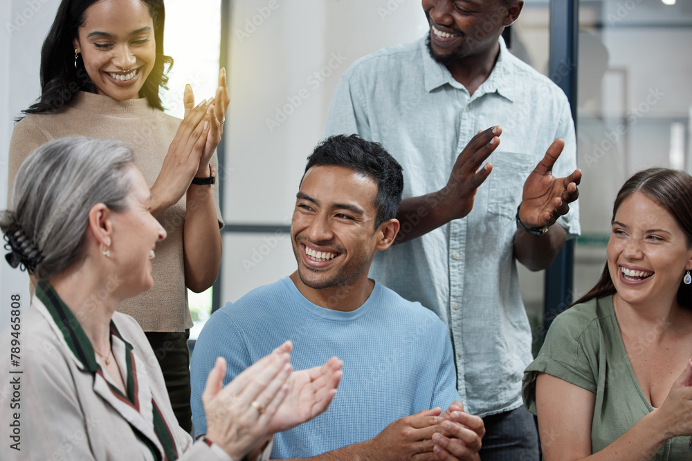 Fototapeta premium Success, applause and group of business people with smile, promotion and team project. Congratulations, men and women with cheers for support, praise and celebration of achievement in office meeting