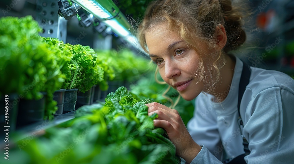 Fototapeta premium Female engineer working in the vegetable factory and digital technology concept. Industrial internet of things. IIoT. Factory automation. Smart factory